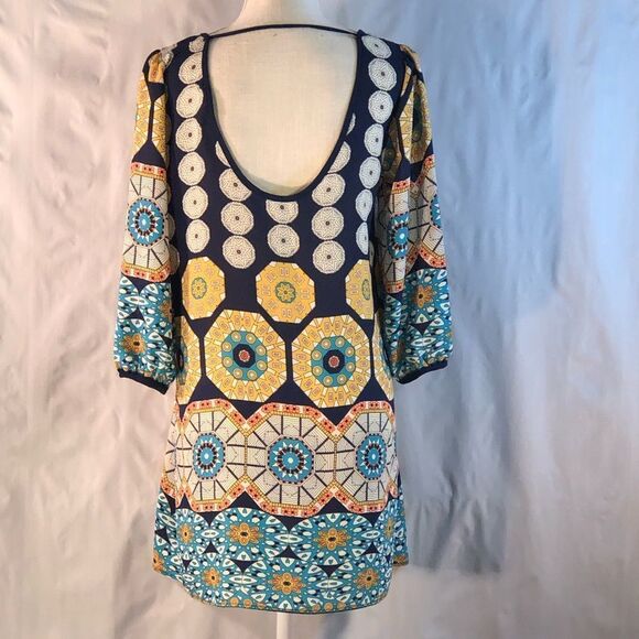 Millibon Navy Teal Gold Geometric Lightweight Scoop Back Sheath Dress M - Picture 7 of 9